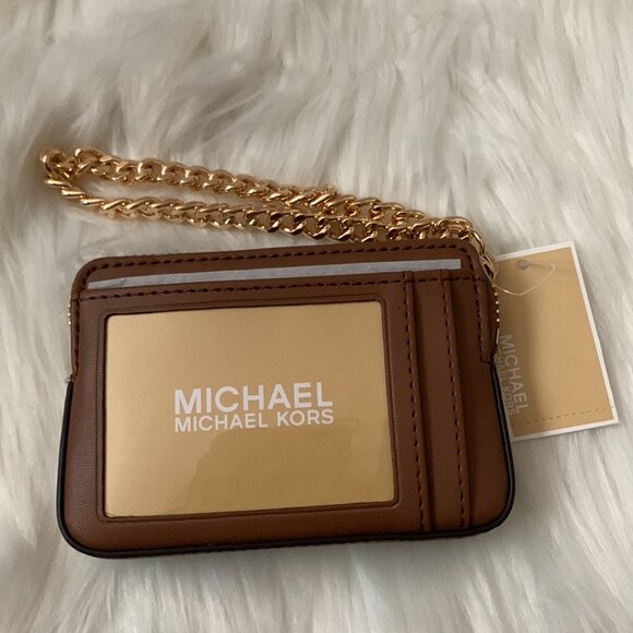 MICHAEL KORS Medium Zip Around Card Case on a Chain in Dark Brown - Picture 2 of 3